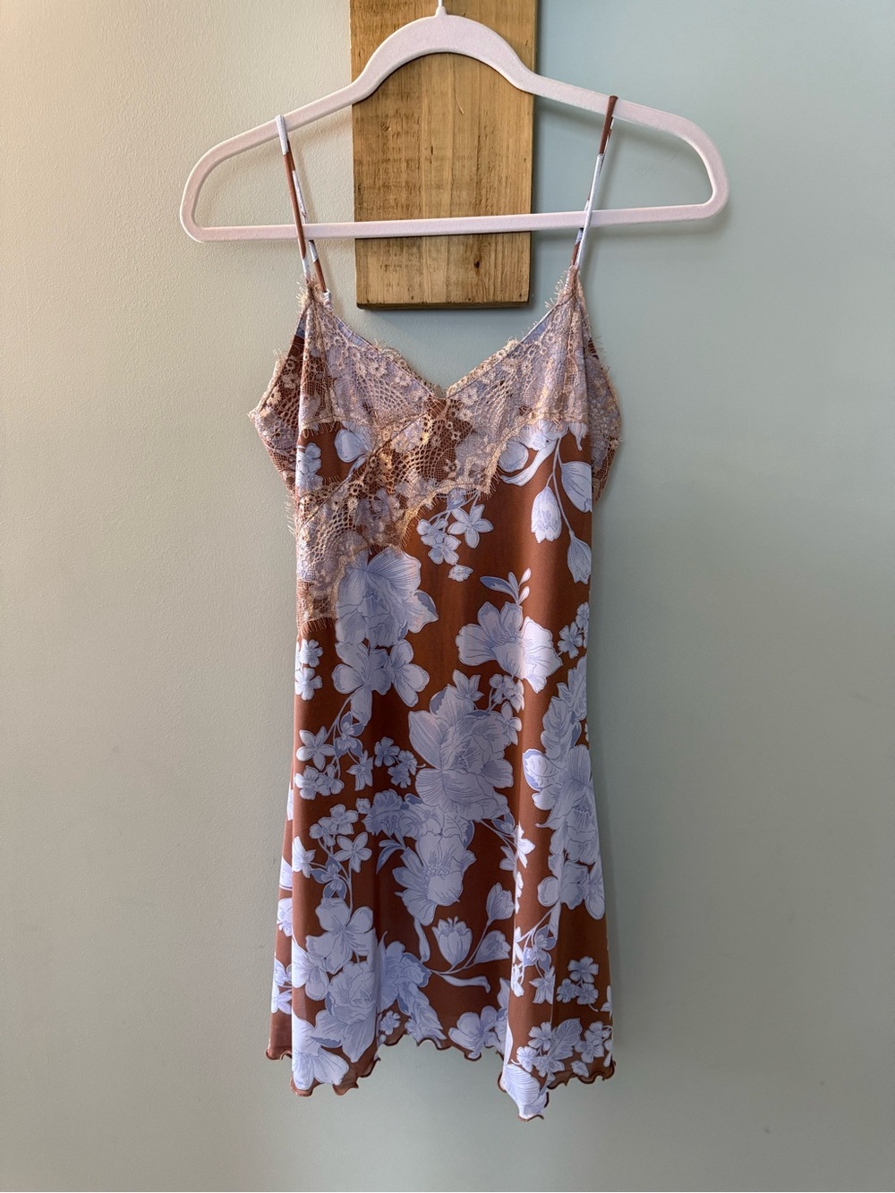 Floral Lace Trim Slip Dress - Rust with Soft Blue & WhiteFloral Pattern, M, NWTs